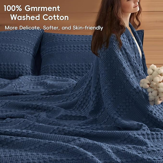 PHF 100% Cotton Waffle Weave Blanket Queen Size, Soft Lightweight Breathable Cozy Summer Blankets for Bed, Luxury Aesthetic Woven Bedding for Home Decor, 90"x90", Bright Navy Blue