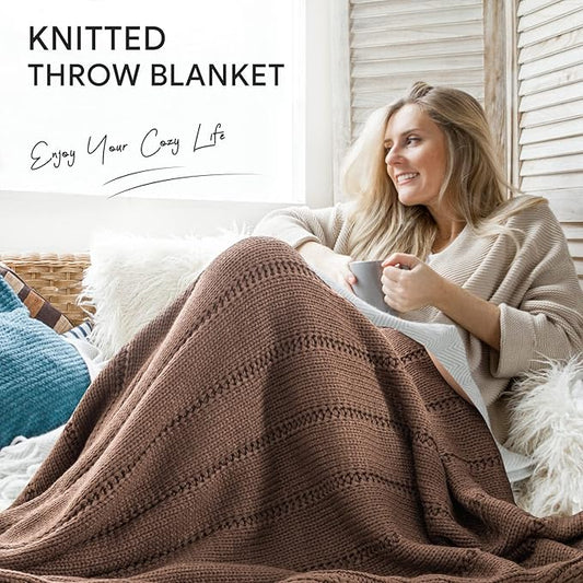 RECYCO Cable Knit Brown Throw Blanket Twin Size for Couch, Super Soft Warm Cozy Decorative Knitted Throw Blanket 3.6LB for Bed, Sofa, Chair Large 60"x80"