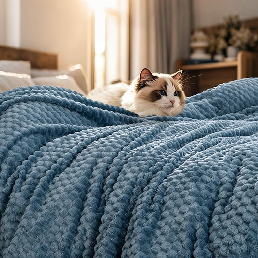 PHF Ultra Soft Flannel Fleece Blanket Queen Size, Lightweight 3D Jacquard Fleece Blanket, No Shedding, No Pilling, Luxury 340GSM Aesthetic Fluffy Cozy for Bed Room Decor, 90"x90", Captain's Blue