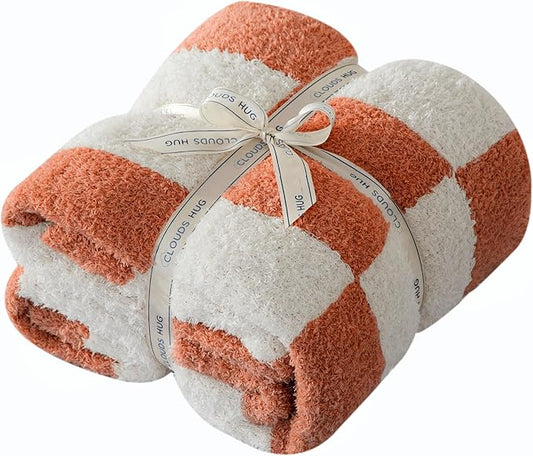 Oversized King Checkered Blanket for Couch - Super Soft Extra Large Fall Throw Blankets for Bed， Fluffy Fuzzy Plush Lightweight Cozy Blanket，120" x 120", Burnt Orange