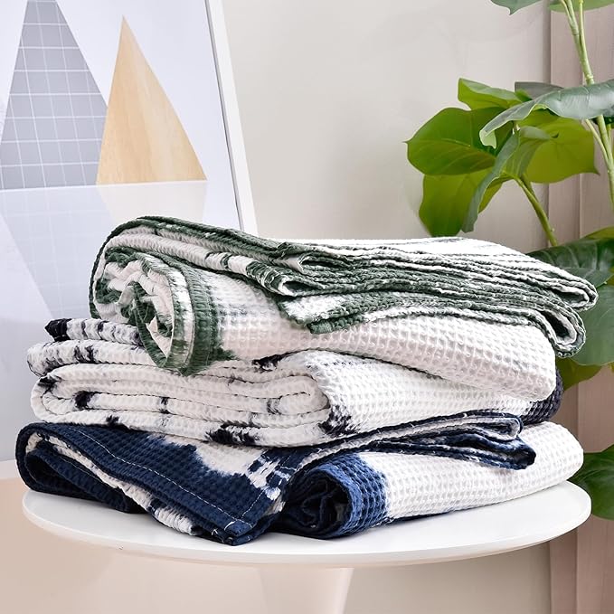 PHF 100% Cotton Tie-dye Waffle Weave Blanket King,Soft Breathable Skin-Friendly Durable Layering for All Season, Manual Elegant Delicate Pattern for Bed, Home Decor, Couch,Tie Dyed Charcoal, 104x90