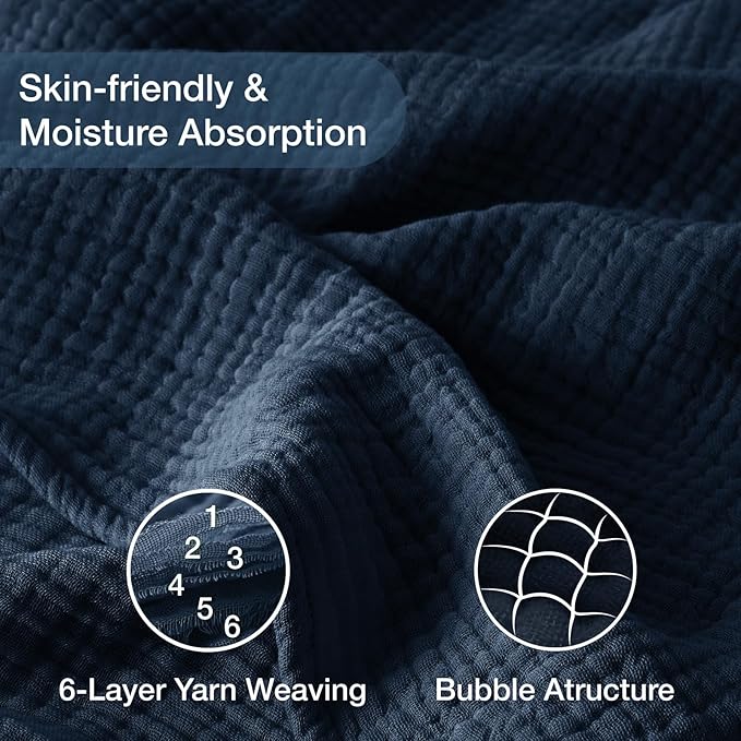 100% Cotton Muslin Blanket King 108" x 90", 6 Layers Breathable and Lightweight Cotton Throw Blanket for Bed, Soft Quilt Bedspread Coverlet, Gauze Blanket for Adults All Season, Navy