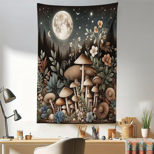 Ambesonne Aesthetic Tapestry, Night Forest Scene with Boho Nature Mushroom Leaves Stars and Full Moon, Fabric Wall Hanging Decor for Bedroom Living Room Dorm, 30" X 45", Sepia and Grey Teal