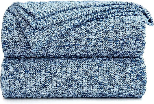 Longhui bedding Blue Knitted Throw Blanket for Couch, Soft, Cozy Machine Washable 100% Cotton Sofa Knit Blankets, 60 x 80 Inches Oversized, Blue and White Color, Laundry Bag Included