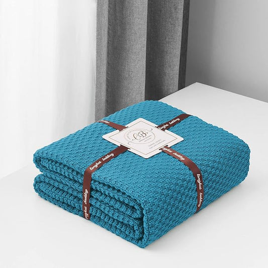 Longhui bedding Teal Knitted Throw Blanket for Couch, Soft, Cozy Machine Washable 100% Cotton Sofa Knit Blankets, Heavy 4.0lb Weight, 60 x 80 Inches, Teal Color.