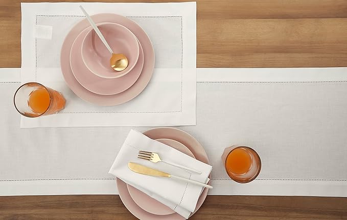 Solino Home White Table Runner 36 Inches - Cotton Linen Hemstitch Coffee Table Runner 14 x 36 Inch Ideal for Dresser Tables - Summer, Fall, Autumn, Halloween