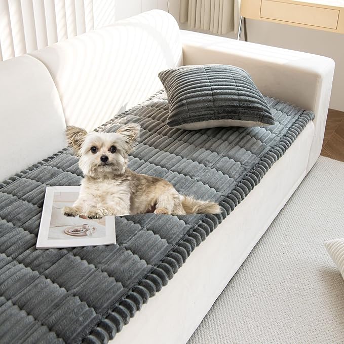 Faux Fur Plush Dog Couch Cover 3D Stripe Fuzzy Sofa Cover Non-Slip Fluffy Dog Bed Cover Pet Blanket Sofa Couch Furniture Protector for Puppy Large Dog Cat (Dark Grey,28"x59")
