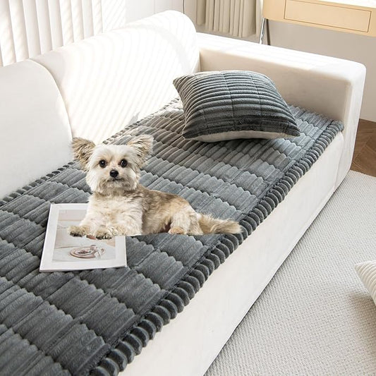 Faux Fur Plush Dog Couch Cover 3D Stripe Fuzzy Sofa Cover Non-Slip Fluffy Dog Bed Cover Pet Blanket Sofa Couch Furniture Protector for Puppy Large Dog Cat (Dark Grey,35"x35")