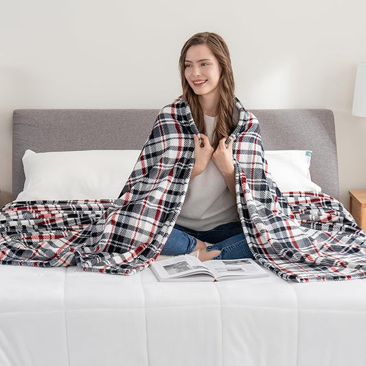 Berkshire Blanket-Classic Heavyweight Soft Printed VelvetLoft® Plush Blanket, Full/Queen Size Soft Fuzzy Warm Blanket for Couch Sofa Bed, Plaid Black Red, 90in x 90in