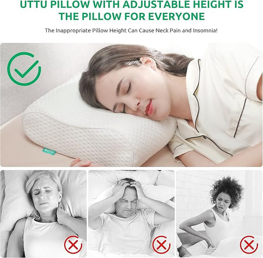 UTTU Cervical Pillow for Neck Strain Relief, Memory Foam Neck Pillow for Sleeping, Adjustable Orthopedic Sandwich Pillow, Contour Cooling for Side Back Stomach Sleeper, King(27.6"×15.7"×4.7"/3.9")