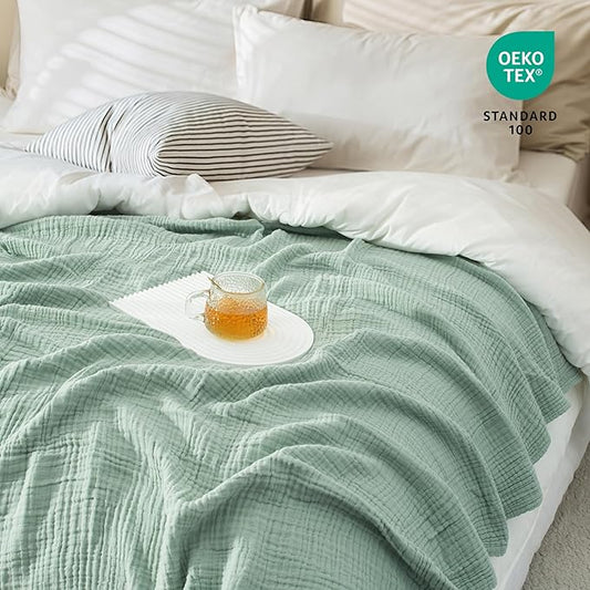 Carriediosa 100% Cotton Muslin Throw Blanket 90" X 90" Queen Size，4-Layers Summer Gauze Throws for Bed Couch，Soft Lightweight Breathable Linen Blankets Bedspread for Adults All Season，Sage Green