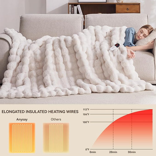 Heated Blanket Throw with 1/2/4/6/8 Hours Auto-Off 10 Heat Level, 62'' * 84'' Cozy Faux Rabbit Fur Bubble Electric Blanket with Overheat Protection(White)
