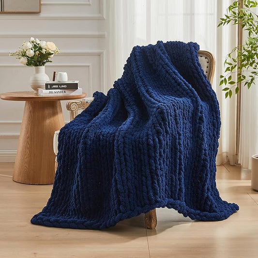 Carriediosa Chunky Knit Throw Blanket 60" X 80" Twin, 100% Hand Made Large Chenille Loop Yarn Soft Fluffy Throws for Couch Sofa Bed, Big Crochet Cozy Heavy Thick Cable Woven Blankets, Navy Blue