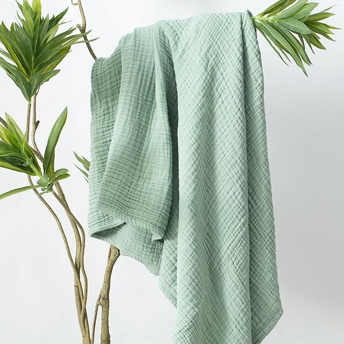 Carriediosa 100% Cotton Muslin Throw Blanket 66" X 90" Twin XL Size，4-Layers Summer Gauze Throws for Bed Couch，Soft Lightweight Breathable Linen Blankets Bedspread for Adults All Season，Sage Green