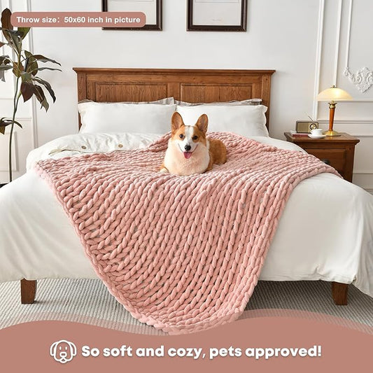 Soft Chunky Knit Blanket, 30X40 in Handmade Thick Chenille Yarn Throw Without Shedding & Raveling, Aesthetic & Cozy Home Decor with Couch Sofa Bed, Gift Pack, Pale Pink