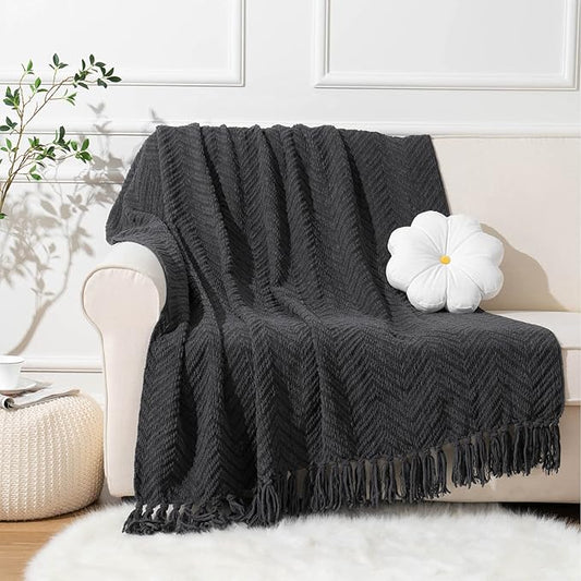 BATTILO Home Dark Grey Throw Blanket for Couch, Knit Charcoal Throw Blanket Versatile for Chair, 50 x 60 Inch - Super Soft Warm Grey Blanket with Tassels for Bed, Sofa and Living Room