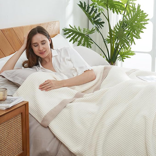 Amélie Home Chenille Waffle Throw Blanket for Couch Twin, Reversible Soft Cozy Knit Blanket Lightweight Warm Decorative Throw for Sofa, Bed, Living Room, 60"x80", Ivory