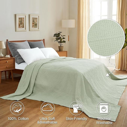 PHF Pre-Washed Cotton Waffle Weave Family Blanket,Oversized King Size 120"x 120"-Snag Proof Lightweight Breathable, 10'x 10' Huge Extra Large Big-Elegant Aesthetic Home Decoration Gift,Sage Green