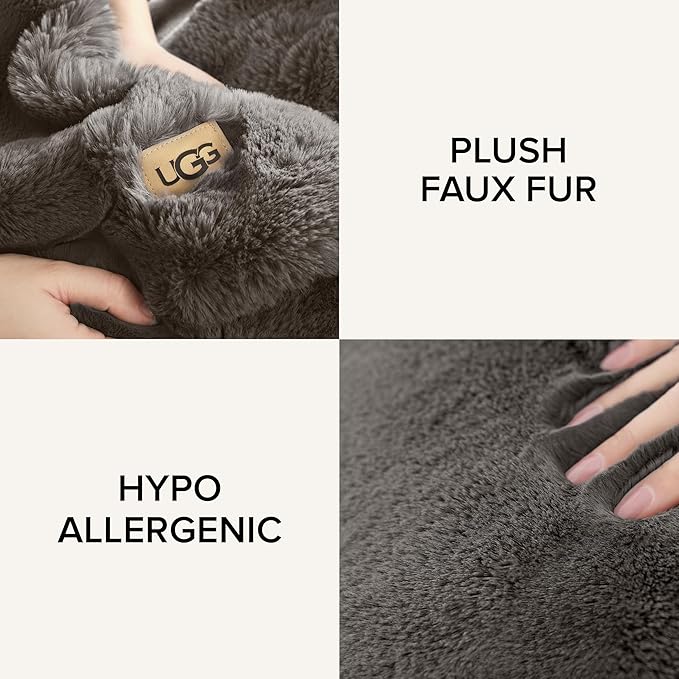 UGG Euphoria Plush Faux Fur Throw Blanket Medium Weight Reversible Luxury Soft Throw for Couch Bed or Chair Hypoallergenic Machine Washable Home Decor Blanket, 50-inch x 70-inch, Charcoal Dark Grey