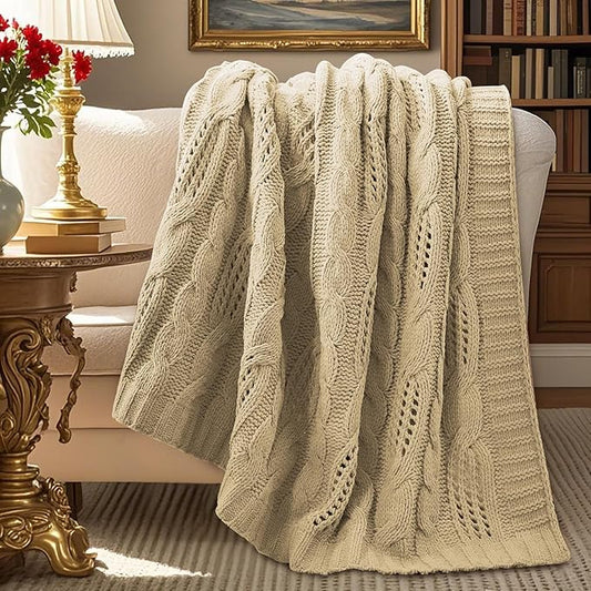 Amélie Home Chunky Knit Chenille Throw Blanket, Breathable Cable Knitted Blanket for Couch, Farmhouse Decorative Throw for Sofa Chair Bed, 60"x80", Beige