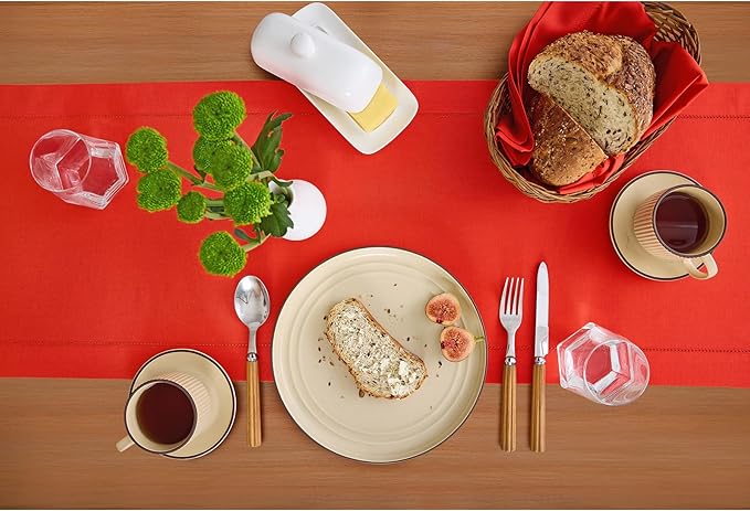 Solino Home Table Runner 90 Inches Long - Cotton Linen Hemstitch Poppy Red Table Runner 14 x 90 Inch for Summer, Halloween