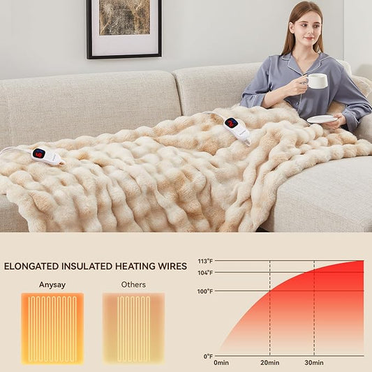 Heated Blanket Throw with 1/2/4/6/8 Hours Auto-Off 10 Heat Level, 90'' * 100'' Cozy Faux Rabbit Fur Bubble Electric Blanket with Overheat Protection(Beige)