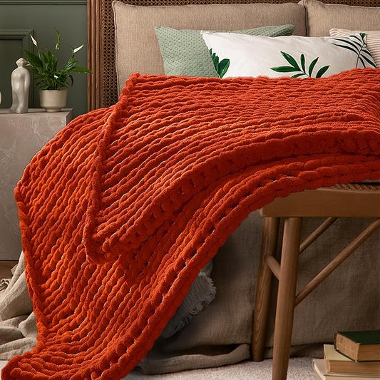 Orange Throw Blanket, 30" x 40" Chunky Knit Blanket, Handmade Warm & Soft Chenille Throw Blanket, Washable Decorative Knit Blanket with Jumbo Chenille Yarn for Couch Bed Sofa