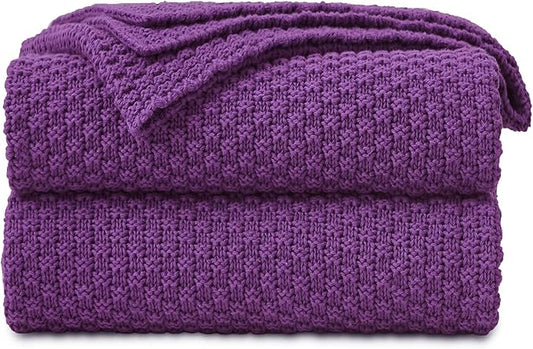 Longhui bedding Purple Knitted Throw Blanket for Couch, Soft, Cozy Machine Washable 100% Cotton Sofa Knit Blankets, Heavy 3.0lb Weight, 51 x 63 Inches, Purple Color.