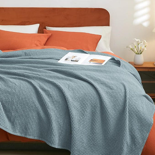 PHF Pre-Washed Cotton Waffle Weave Blanket King Size for Bed,Snag Proof Throw for Couch Spring Summer,Lightweight Breathable,Oeko-TEX Certified,Machine Washable, Home Decor Gift-Ocean/Sliver Blue