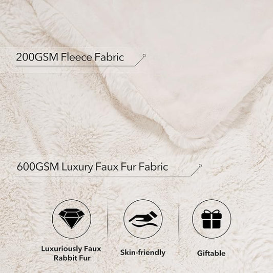 Touchat Luxury Faux Rabbit Fur Throw Blanket Twin Size for Couch,Super Heavy Warm Cozy Blanket for Sofa Bedroom Living Room,Ultra Soft Fluffy Reversible Plush Blanket for Home Decor Gifts,Cream White