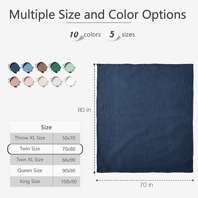 Carriediosa 100% Cotton Muslin Throw Blanket 70" X 80" Twin Size，4-Layers Summer Gauze Throws for Bed Couch，Soft Lightweight Breathable Linen Blankets Bedspread for Adults All Season，Navy Blue