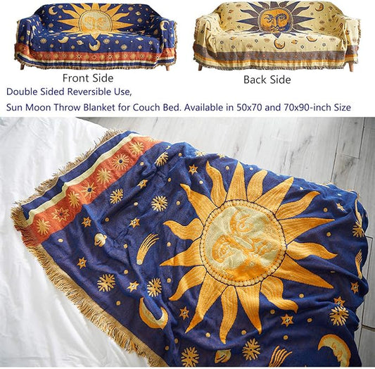 Erke Moon and Sun Throw Blanket Celestial Chair Recliner Cover Bed Spread Hippie Room Decor, Double Sided Cotton Woven Sofa Couch Furniture Aesthetic Witchy Throws - 50" X 70", Yellow/Blue