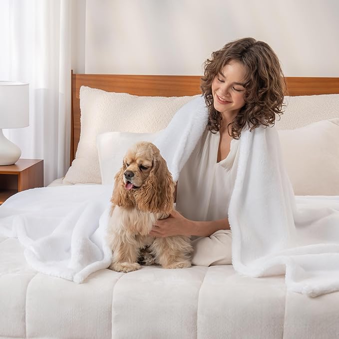 Berkshire Blanket Classic Extra-Fluffy™ Plush Blanket Queen Size, Soft Fuzzy Fluffy Long Hair Blanket for Couch Sofa Bed, True White, 90x90 Inches