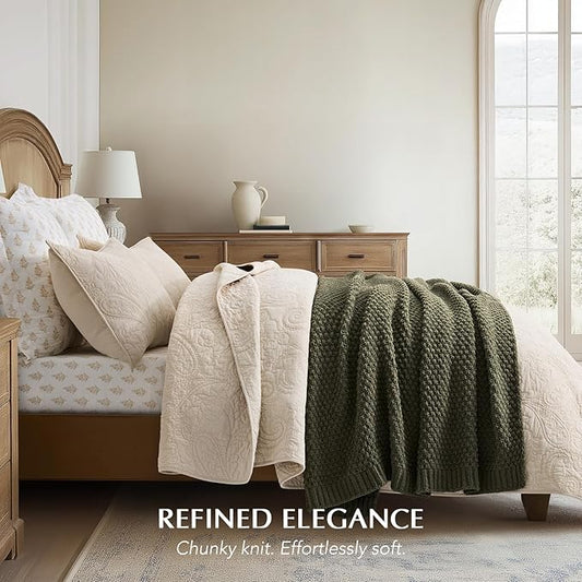 Chunky Chenille Knit Throw Blanket for Couch, Soft Luxurious Moss Stitch Blankets for Bed, Cozy Decorative Farmhouse Knitted Throws for Sofa, Olive Green, 60" x 80"