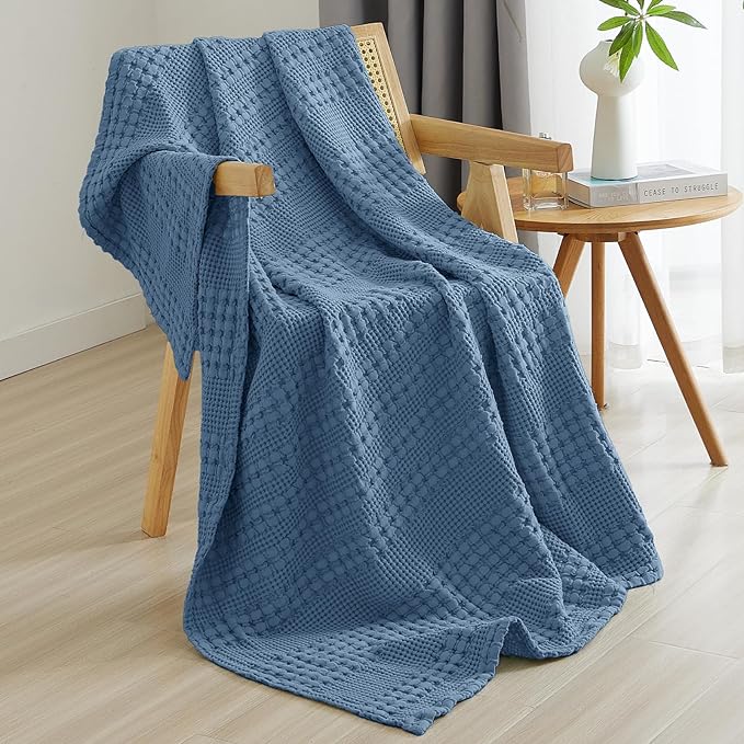 PHF 100% Cotton Waffle Weave Throw Blanket, Soft Lightweight Breathable Cozy Summer Throws for Couch Bed Sofa, Luxury Aesthetic Woven Blanket for Home Decor & Office, 50"x60", Captain's Blue