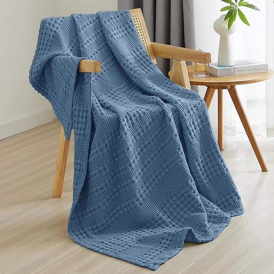 PHF 100% Cotton Waffle Weave Throw Blanket, Soft Lightweight Breathable Cozy Summer Throws for Couch Bed Sofa, Luxury Aesthetic Woven Blanket for Home Decor & Office, 50"x60", Captain's Blue