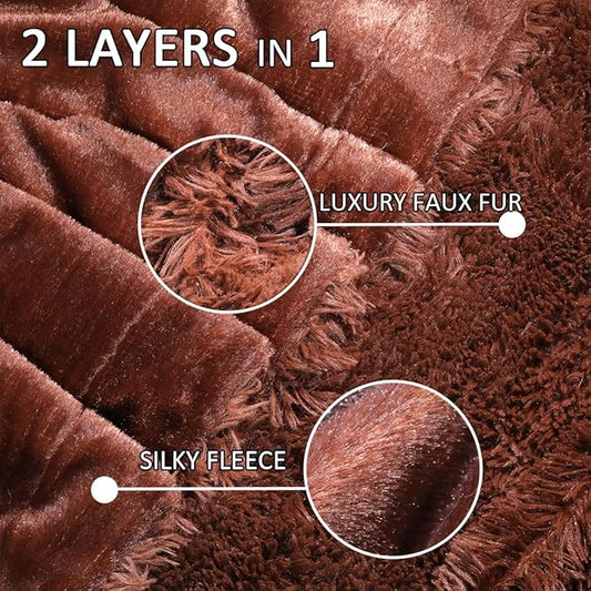 YUSOKI Long Faux Fur Throw Blanket for Sofa Couch,2 Layers,2.1lb,All Ages,Home Decoration, (Brown,50" x 60")