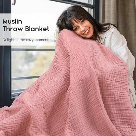 Yoofoss Muslin Blanket 100% Cotton Throw Large 50" x 60" for Bed Couch Summer Gauze Blanket for Adults Lightweight and Breathable Bean Paste