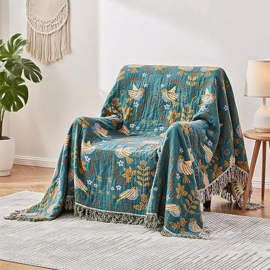 Floral and Bird Boho Throw Blanket for Bed,100% Cotton Reversible Rustic Quilt 60"x80",Soft Cozy Farmhouse Muslin Decorative Fall Throw Blankets for All Season, for Sofa, Couch Chair，Travel