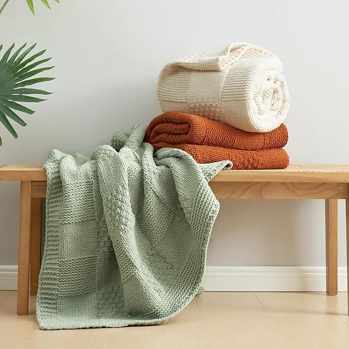 Amélie Home Chenille Knit Throw Blanket for Couch, Checkered Texture Decorative Soft Blanket for Sofa, Bed & Living Room, 60"x80", Ivory