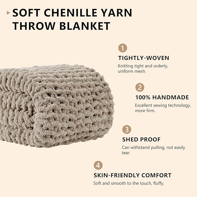 L'AGRATY Chunky Knit Blanket Throw: 60''x80'' Chenille Chunky Knitted Throw Blanket for Bed Couch - Handmade Thick Big Cable Knit Blanket - Large Crochet Rope Blanket for Home Decor(Light Linen)