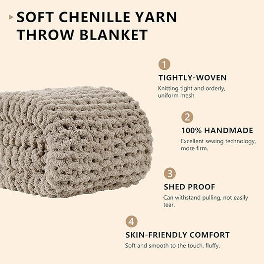 L'AGRATY Chunky Knit Blanket Throw: 60''x80'' Chenille Chunky Knitted Throw Blanket for Bed Couch - Handmade Thick Big Cable Knit Blanket - Large Crochet Rope Blanket for Home Decor(Light Linen)