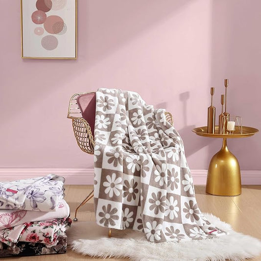 Betsey Johnson - Throw, Ultra-Soft Plush Blanket, Use for Couch, Bed, or Lounges, Dorm Essentials (Daisy Check White, 50" x 70")