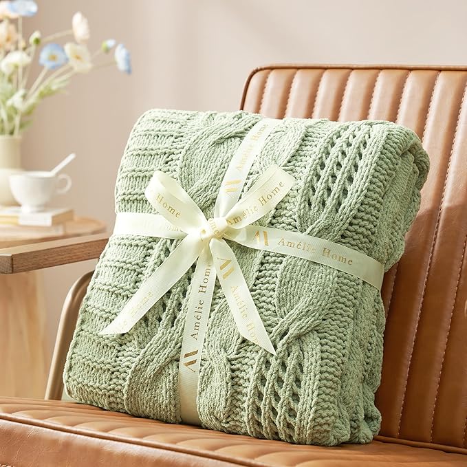 Amélie Home Chunky Knit Chenille Throw Blanket, Breathable Cable Knitted Blanket for Couch, Farmhouse Decorative Throw for Sofa Chair Bed, 60"x80", Sage Green