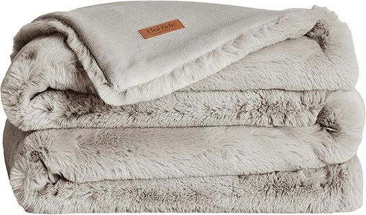 UnHide Marshmallow - Faux Fur Blanket - Heavy Weight, Extra Soft Blanket - Made from Recycled Materials - Machine Washable - Small (50" x 60") - Greige