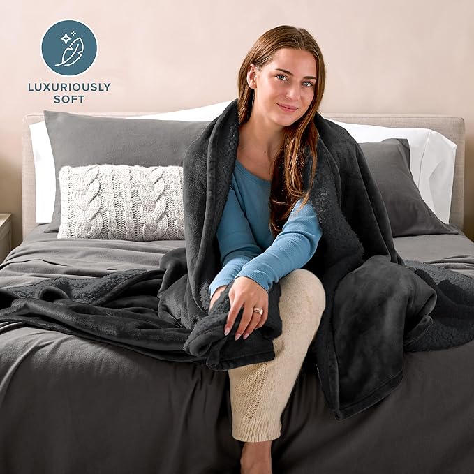 Bare Home Sherpa Fleece Blanket - King Size - Blanket for Bed, Sofa, and Couch - Warm & Lightweight - Fluffy & Soft - Reversible (King, Black - Black)