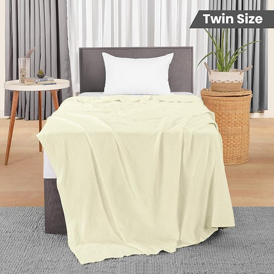 Utopia Bedding Ivory 100% Cotton Blanket [Twin Size - 90x72 Inch] 350GSM Lightweight, Soft and Breathable Thermal Blanket for All Seasons