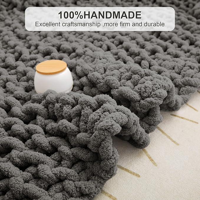 Knit Blanket 50"x60" Dark Grey Cream Soft Washable Chenille Throw Blanket Cozy 100% Handmade Crochet Blankets with Jumbo Chenille Yarn for Couch Bed Sofa Room Decor