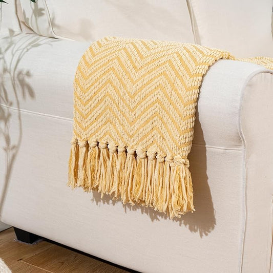 BATTILO HOME Gold Throw Blanket for Couch, Knit Yellow Throw Versatile for Chair, Super Soft Warm Mustard Throw Blanket with Tassels for Twin Bed, Sofa and Living Room, 60"x80"