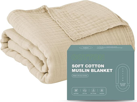 Cosy Family 6 Layer Muslin Bed Blanket - Breathable and Lightweight Gauze Boho Blanket for Spring, Soft 100% Cotton Muslin, Light Tan, 55x80 Inches